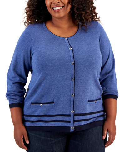 Karen Scott Plus Size Alexa Button-front Cardigan, Created For Macy's In Blue Denim Heather