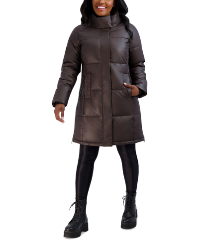 Steve Madden Juniors' Faux-leather Puffer Coat In Brown