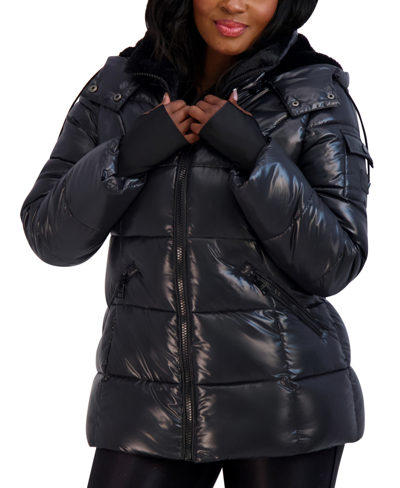 Steve Madden Juniors' Faux-fur-lined Hooded Puffer Coat, Created For Macy's In Black Shine