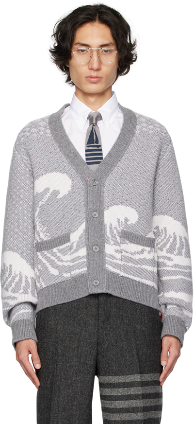 Thom Browne Wave-print Knit Cardigan In Grey