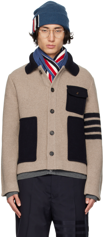 Thom Browne Striped Ribbed Virgin Wool Cardigan In Neutrals