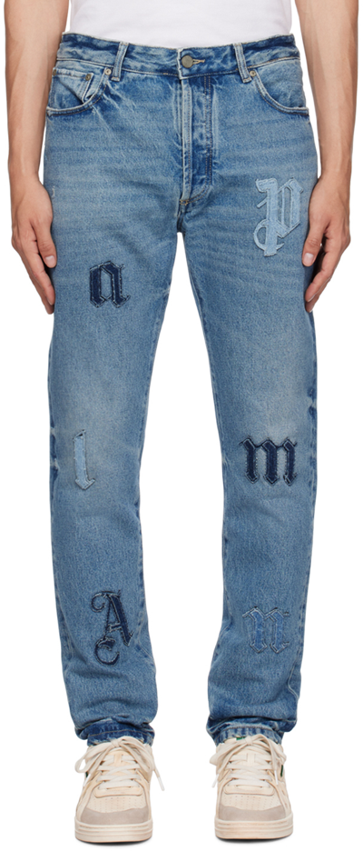 Palm Angels Blue Logo Patch Straight 5 Pocket Jeans In White