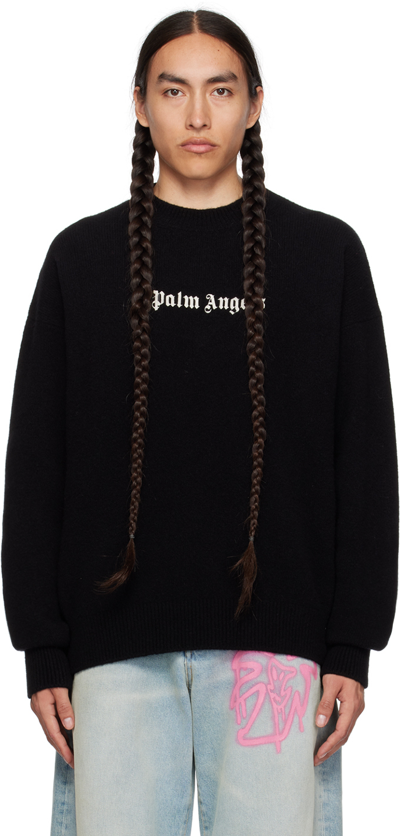 Palm Angels Black Embroidered Sweater In Black White