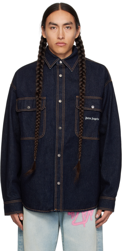 Palm Angels Logo-embroidered Denim Shirt In Navy Blue White