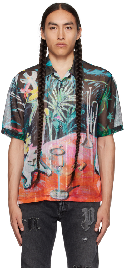 Palm Angels Oil On Canvas Button-up Bowling Shirt In Black Multicolor