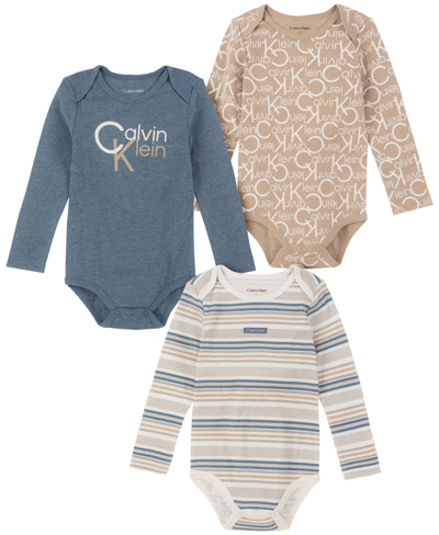 Calvin Klein Baby Boys Stripes And Logo Long Sleeve Bodysuits, Pack Of 3 In Blue