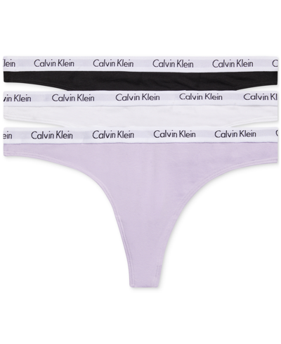 Calvin Klein Carousel Cotton 3-pack Thong Underwear Qd3587 In Black,white,pastel Lilac