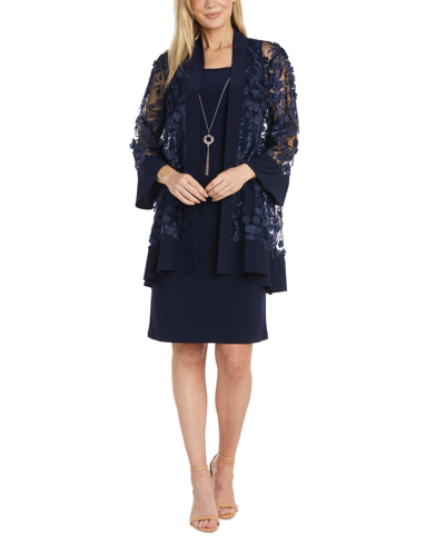 R & M Richards Women's 2-pc. 3d Floral-embroidered Jacket & Necklace Dress In Navy