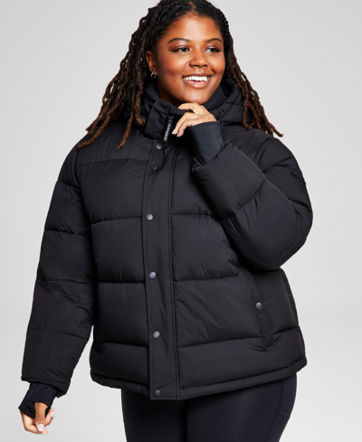 Bcbgeneration Women's Plus Size High-low Hooded Puffer Coat In Black