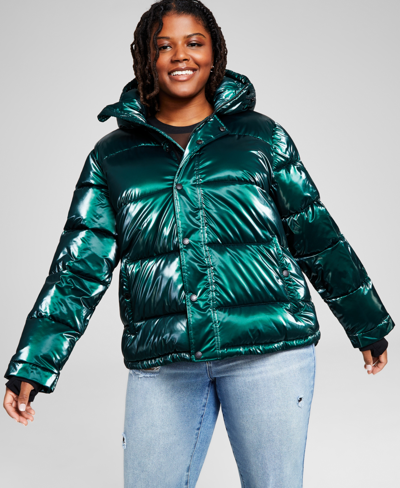 Bcbgeneration Women's Plus Size High-low Hooded Puffer Coat In Liquid Emerald