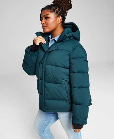 Bcbgeneration Women's Plus Size High-low Hooded Puffer Coat In Emerald