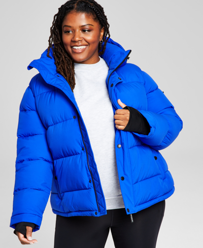 Bcbgeneration Women's Plus Size High-low Hooded Puffer Coat In Cobalt