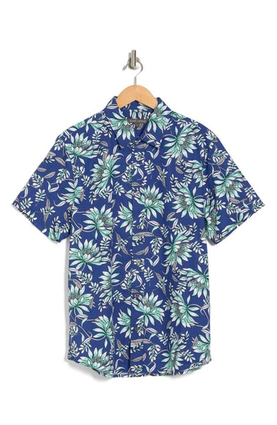Slate & Stone Floral Print Short Sleeve Cotton Poplin Button-up Shirt In Blue Green Large Floral