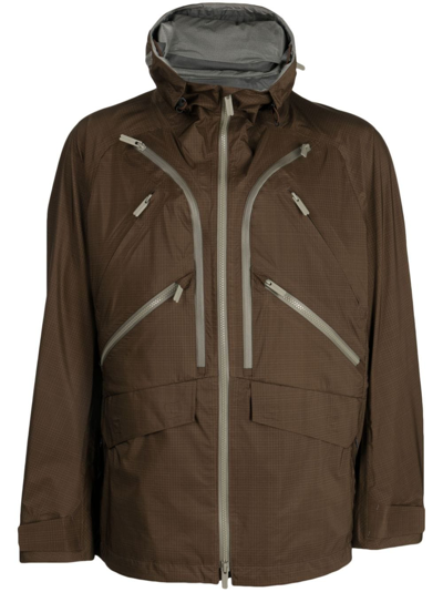 White Mountaineering Zip-up Plaid Hooded Jacket In Brown