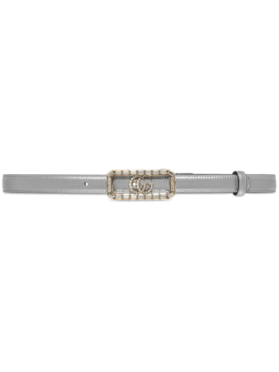 Gucci Thin Belt With Crystal Double G Buckle In Silver