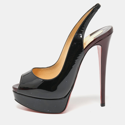 Pre-owned Christian Louboutin Black Patent Leather Lady Peep Slingback Pumps Size 38.5