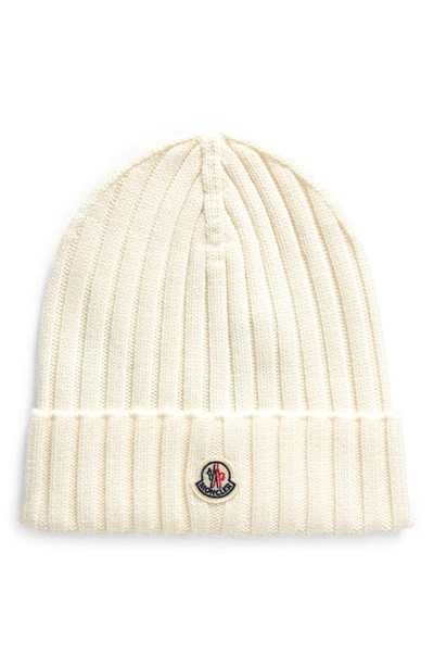 Moncler Logo Patch Cuff Virgin Wool Rib Beanie In White