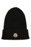 Moncler Logo Patch Cuff Virgin Wool Rib Beanie In Black