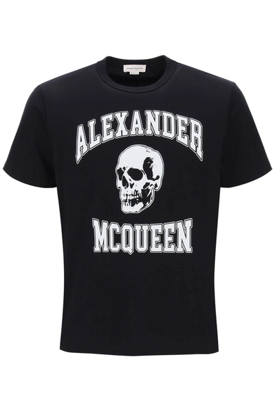 Alexander Mcqueen T-shirt With Varsity Logo And Skull Print Men In Black