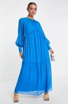Topshop Chuck On Long Sleeve Tiered Maxi Dress In Mid Blue