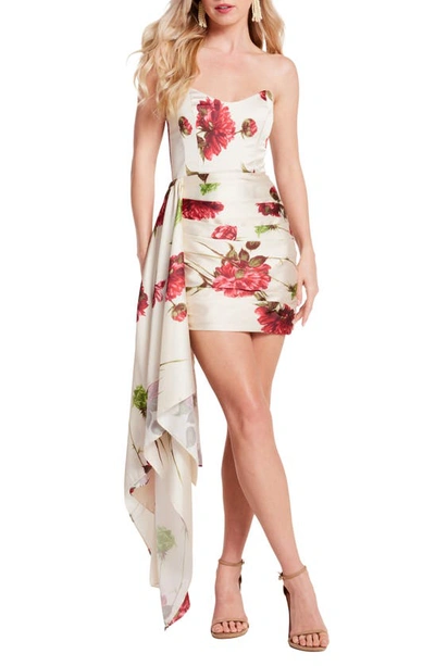 KATIE MAY CHASING DAWN FLORAL STRAPLESS DRAPE DETAIL COCKTAIL MINIDRESS