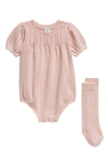 Nordstrom Pointelle Bubble Romper & Socks In Pink Lotus
