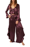 Free People Chasing Love Ruffle Satin Pajamas In Precious Wine