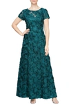 ALEX EVENINGS ROSETTE SEQUIN A-LINE GOWN