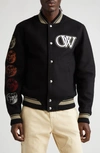 Off-white Contrast-trim Black Wool Blend Bomber Jacket In Black