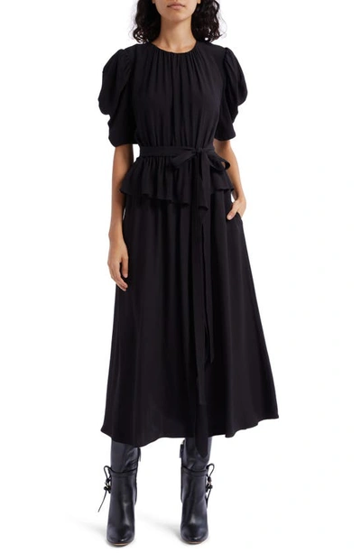 Ulla Johnson Marion Puff-sleeve Belted Midi Dress In Noir