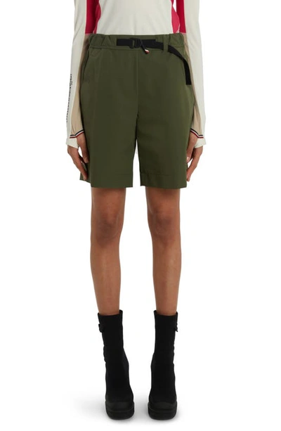 Moncler Water Repellent Belted Technical Stretch Nylon Shorts In Military Green