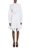 Versace Belted Long Sleeve Handkerchief Hem Cotton Shirtdress In Optical White