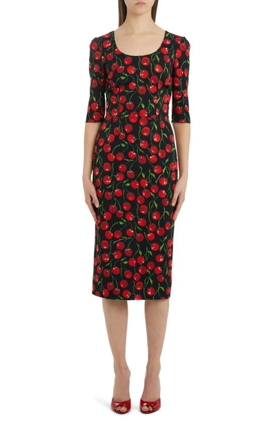 Dolce & Gabbana Cherry Print Stretch Silk Sheath Dress In Ciliegie Fdo Nero