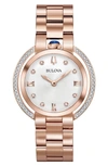 Bulova Women's Rubaiyat Diamond (1/4 Ct. T.w.) Rose Gold-tone Stainless Steel Bracelet Watch 35mm In Rose Goldone