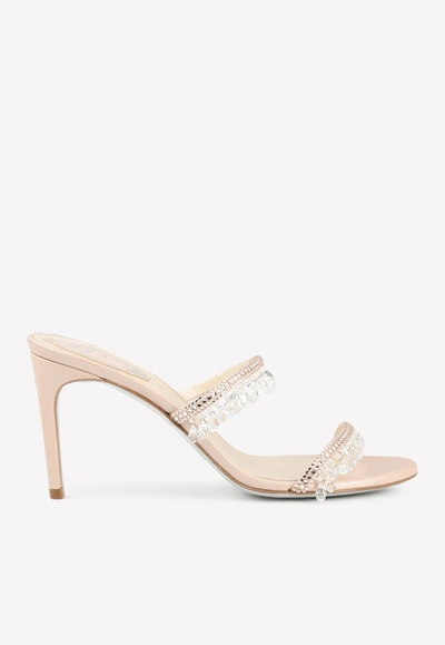 René Caovilla Chandelier 80 Beaded Satin Mules In Nude