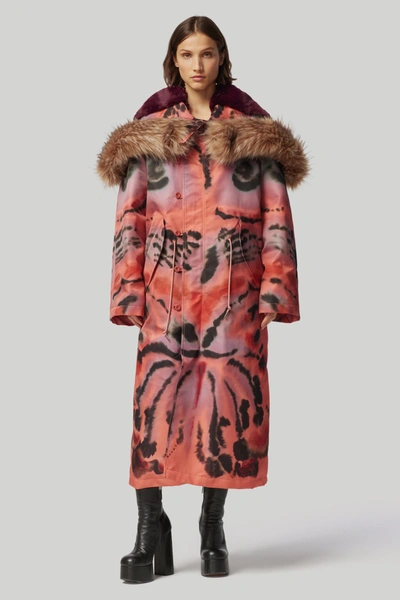 Altuzarra Apollo Abstract Print Faux Fur Detail Hooded Coat In Persian Rose Rorschach