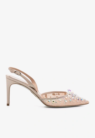 René Caovilla Crystal-embellished 80mm Slingback Pumps In Nude