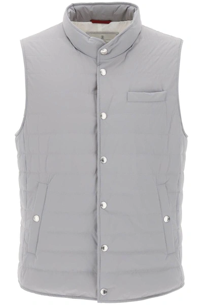 Brunello Cucinelli Light Down-padded Vest In Bonded Nylon In Gray
