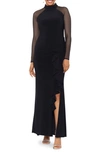 Betsy & Adam Illusion Mesh Long Sleeve Scuba Gown In Black