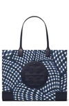 Tory Burch Ella Print Tote In Navy Warped Gingham