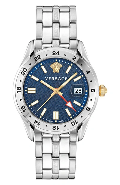 Versace Men's Swiss Greca Time Gmt Stainless Steel Bracelet Watch 41mm In Blue/silver