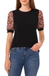 Cece Mixed Media Puff Sleeve Top In Rich Black