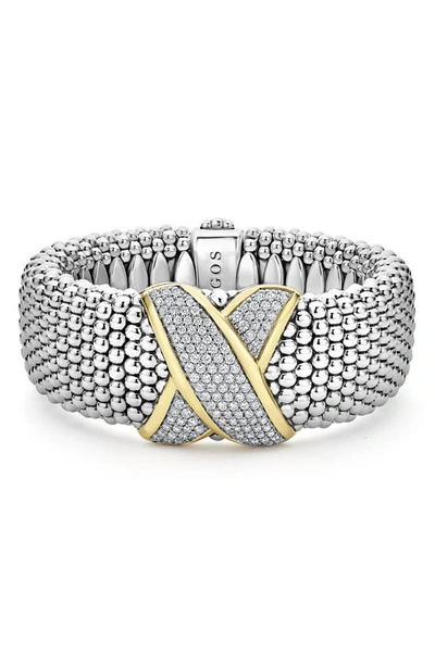 Lagos 18k Yellow Gold & Sterling Silver Embrace Diamond Pave Wide Link Bracelet