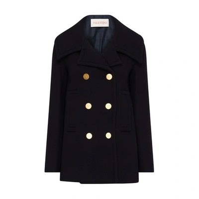 Valentino Buttoned Pea Jacket In Navy