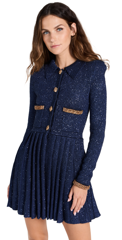 Self-portrait Navy Knit Mini Dress In Blu
