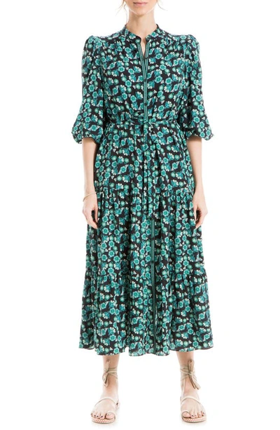 Max Studio Crepe 3/4 Sleeve Button Front Maxi Dress In Black/ Green Paisley Flourish