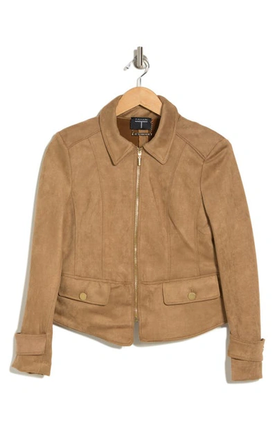 T Tahari Faux Suede Crop Zip Jacket In Cool Camel