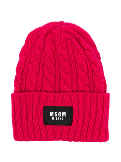 Msgm Kids' Cable-knit Logo-tag Beanie In Pink