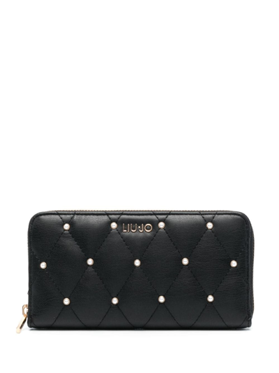 Liu •jo Faux-pearl Embellished Quilted Wallet In Black