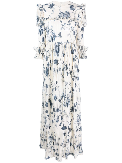 Erdem Floral-print Pleated Maxi Dress In White
